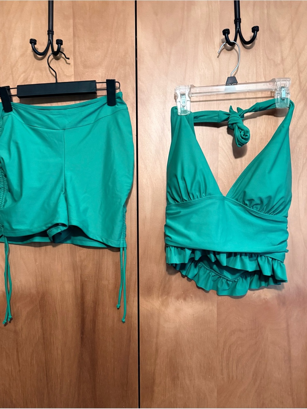 Turquoise Two-Piece Swimsuit Set - Ruffled Halter Top & Swim Shorts